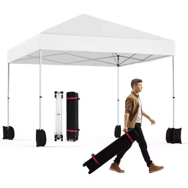 Acekool 10x10 Pop Up Canopy Tent, 1-Person Setup Instant Outdoor Shelter with Roller Bag, Weight Bags, and Stakes for Beach, Camping, Party, White