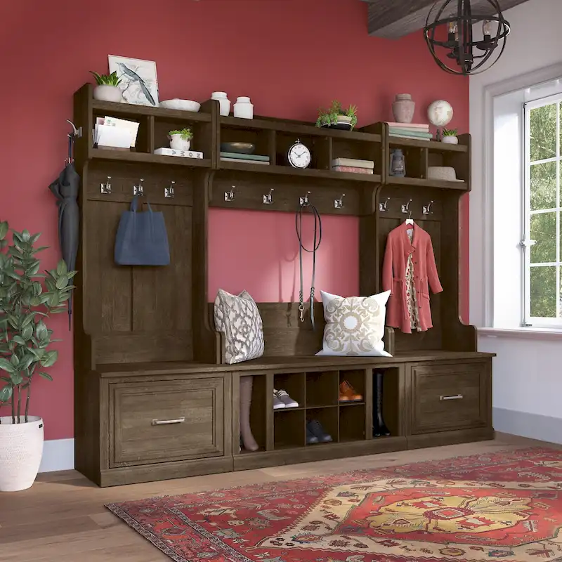 Full Entryway Storage Set with Coat Rack and Shoe Bench with Drawers