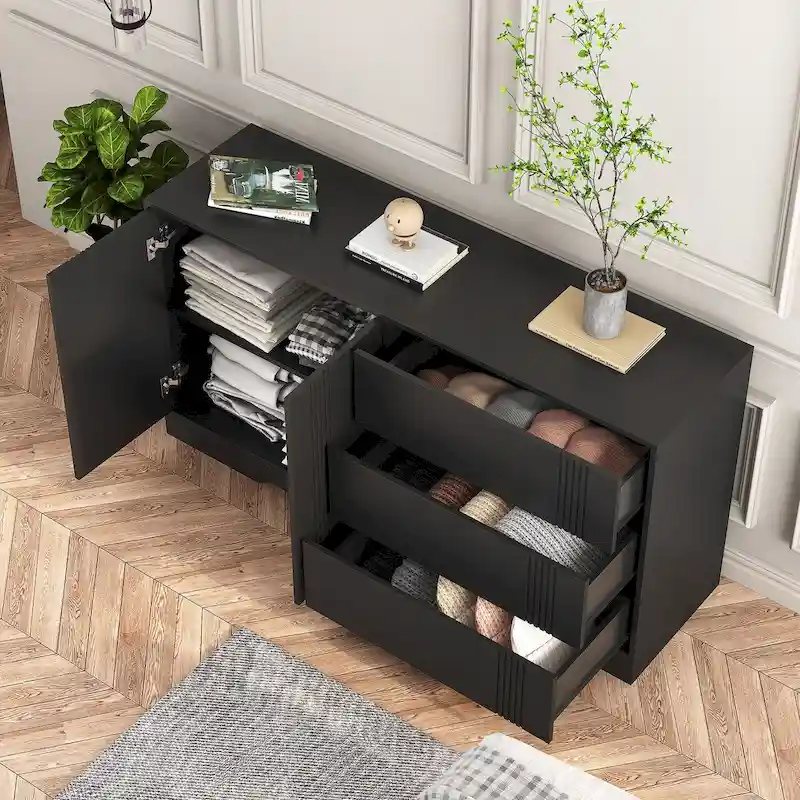 Sideboard Buffet Cabinet with Drawers and Doors - Adjustable Shelves (Black)