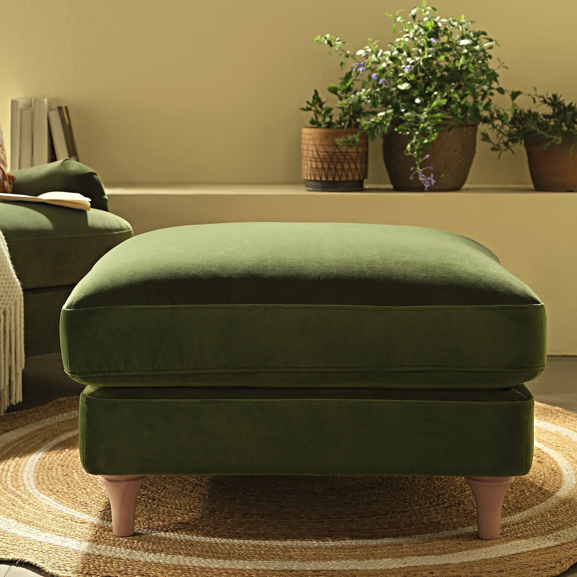 Traditional English Footstool - Fern Green Velvet, Washed Wood Legs, Padded Seat, 31.5
