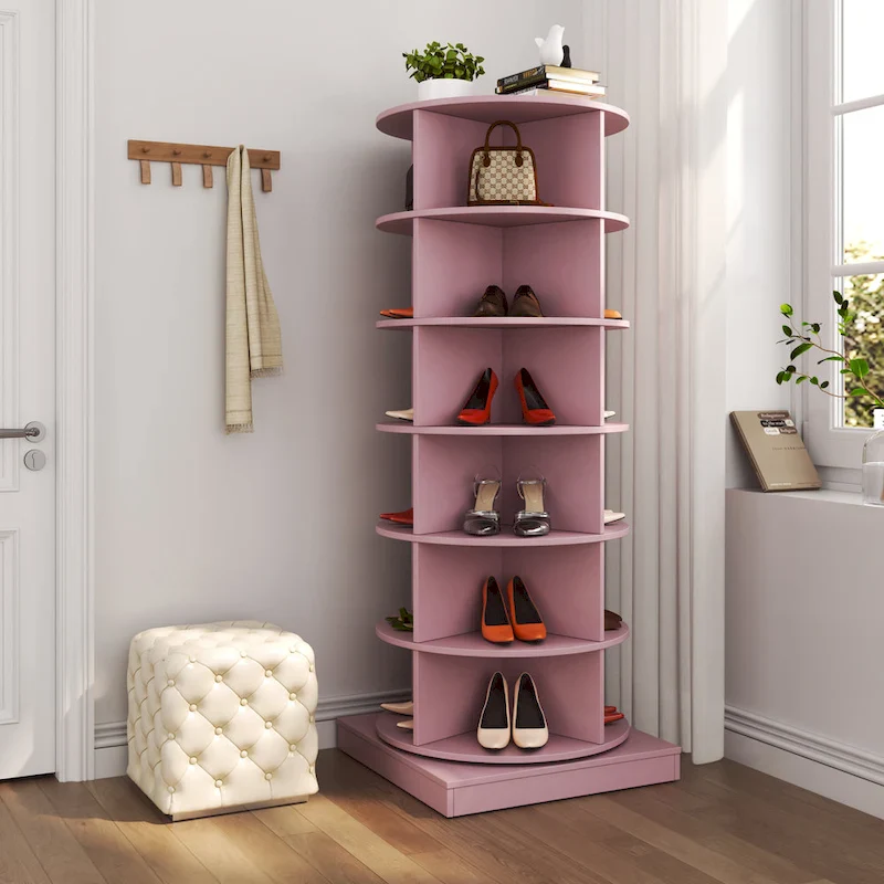 Pink 360° Rotating Shoe Cabinet – 6-Layer, Holds 24 Pairs