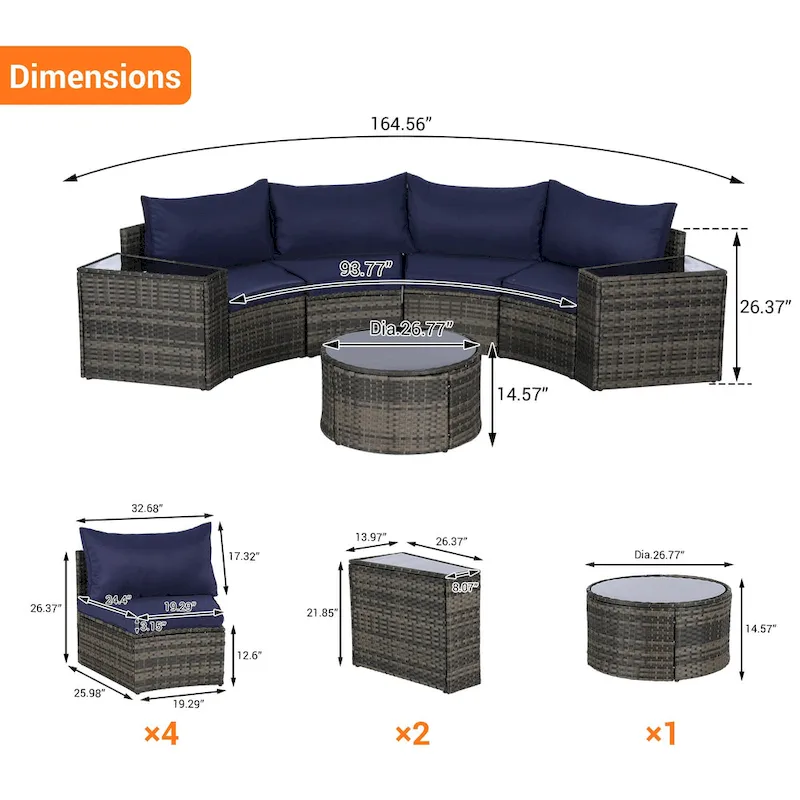 7-Piece Half-Moon Sectional Sofa Set with Glass Table