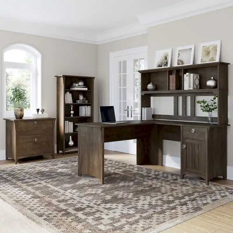 Salinas 60W L Desk with Hutch, Cabinet and Bookcase by Bush Furniture