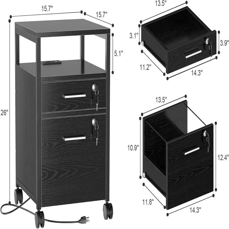 File Cabinet with Lock Charging Station 2 Drawers Rolling Filing Cabinet - 15.7 D x 15.7 W x 26 H