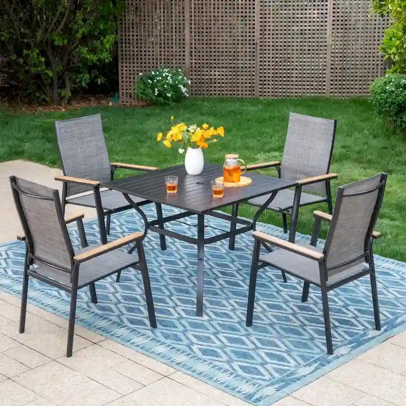 MAISON ARTS 5/6 Pieces Patio Dining Set, 4 x Aluminium Stackable Dining Chairs and 1 x Metal Table