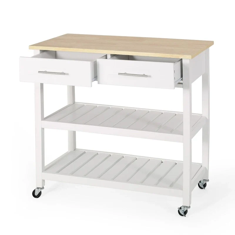 Modern White Wood Kitchen Cart with Wheels Drawers and Shelves by