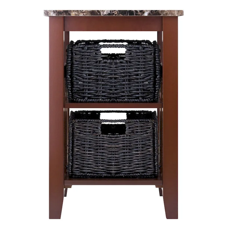 Accent Table with 2 Foldable Corn Husk Baskets, Faux Marble Top, Chocolate and Walnut - 16.54 x 20.08 x 25.04 inches