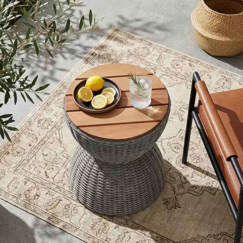 Christopher Knight Home Somchai Modern Acacia Wood Patio End Table with Wicker Hourglass Base and Round Slatted Tabletop