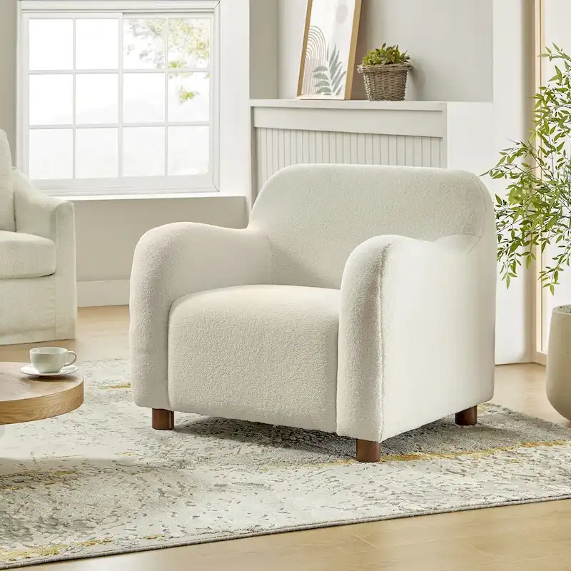 Wayne 35  Wide Boucle Upholstered Teddy Accent Chair with Solid Wood Legs by HULALA HOME