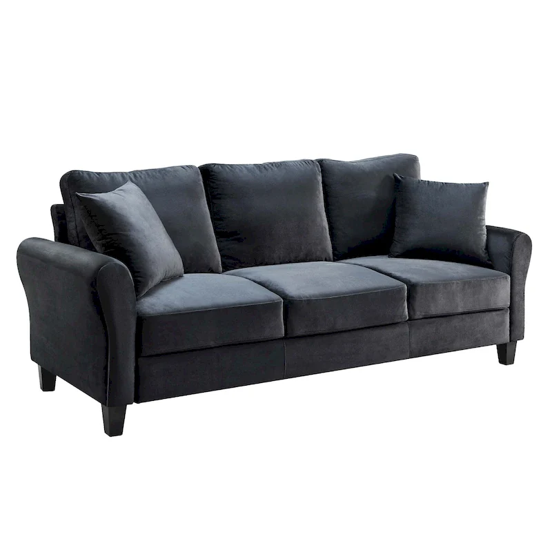 3-Seater Velvet Sofa with 2 Pillows, Black/White/Grey, Wood Frame, 3-Person