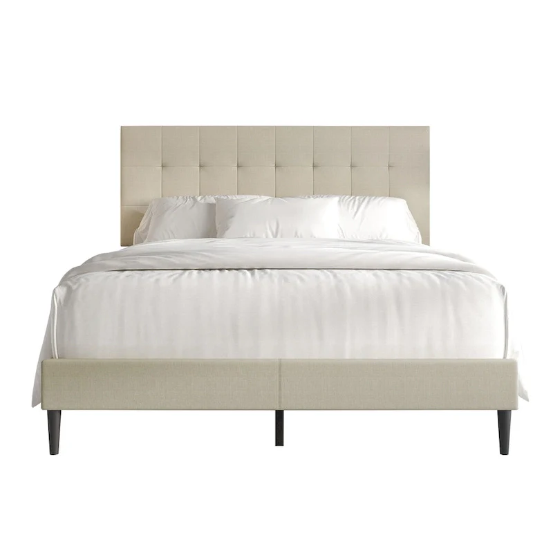 Beige / Light Grey / Black Linen Upholstered Platform Bed with Square Stitching Headboard – Twin / Full / Queen / King