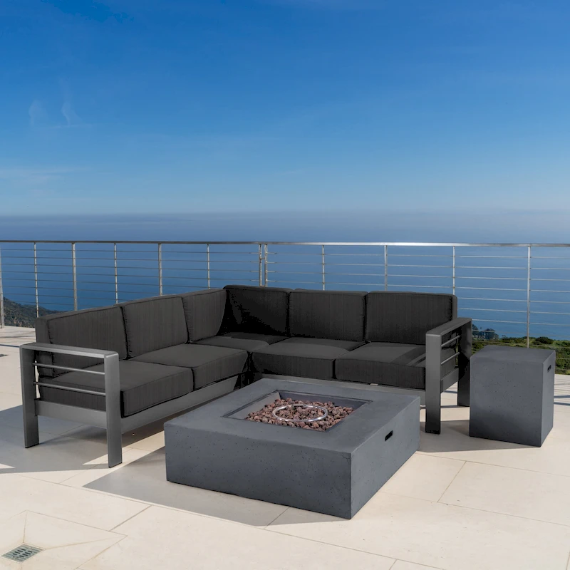 Cape Coral Aluminum Outdoor Sectional Sofa Set with Fire Table by Christopher Knight Home