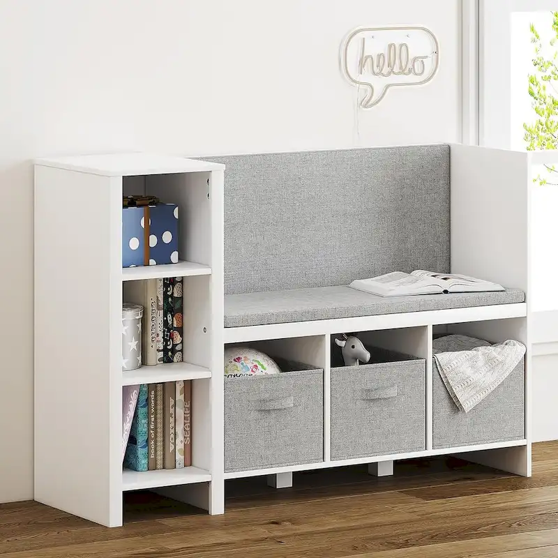 White Kids' Bookshelf Bench with Reading Nook, Painted, 1-Child