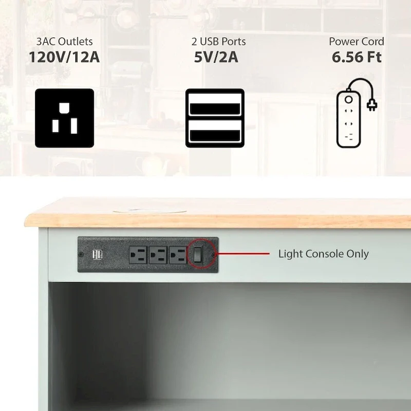 LED Light Kitchen Island on Wheels with Drop Leaf and Power Outlets