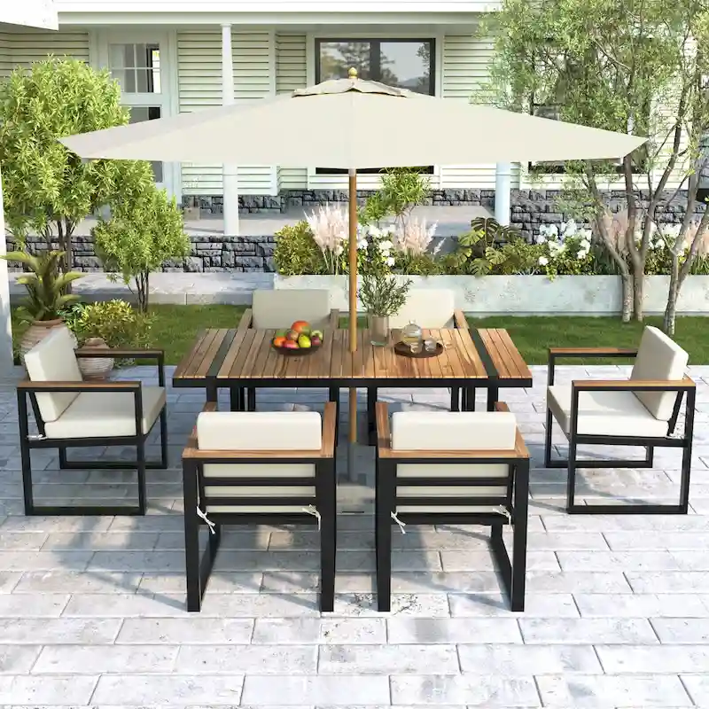 7-Pieces Patio Dining Table and Chair Set with Removable Cushions