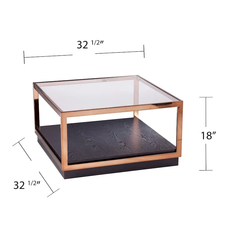 Transitional style square metal coffee table, glass top, wooden base