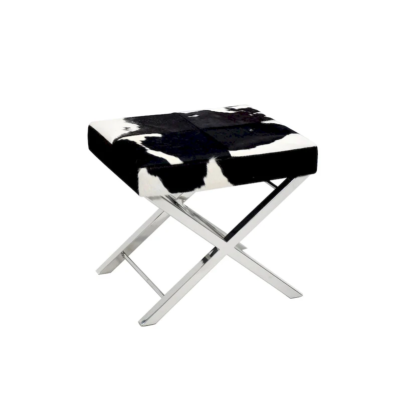 Chrome Stainless Steel Ottoman Chair with Black and White Hairline Leather