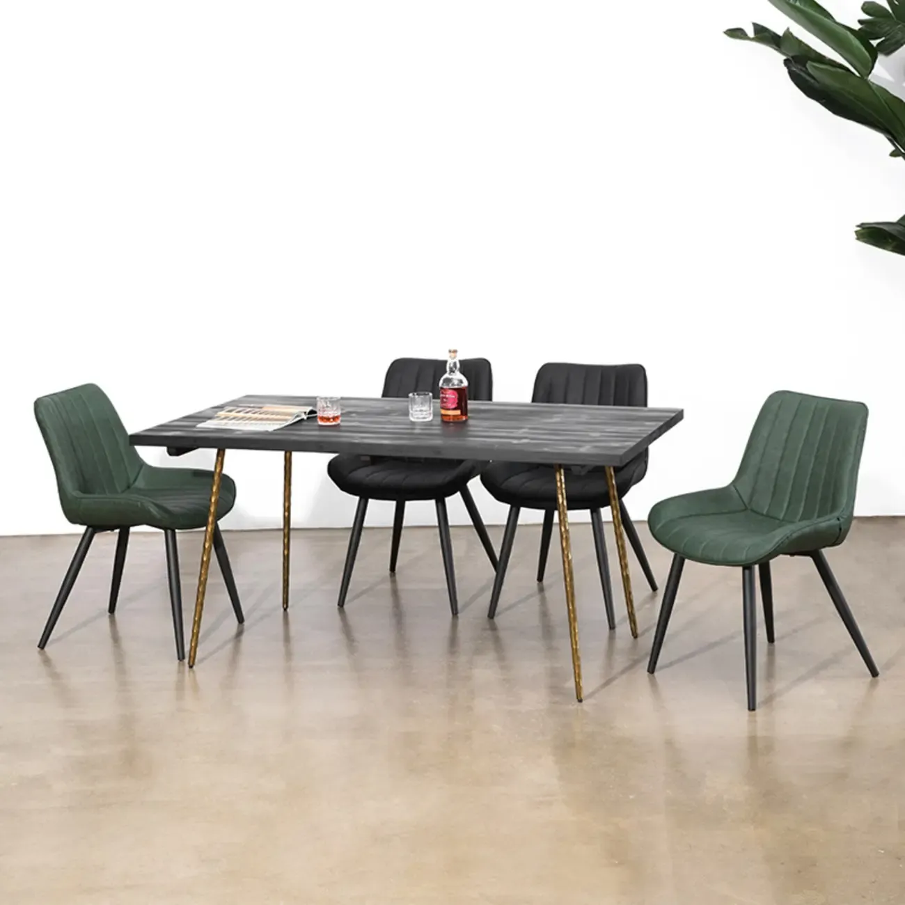 Simple Upholstered Leather Dining Chair Solid Back Metal Legs