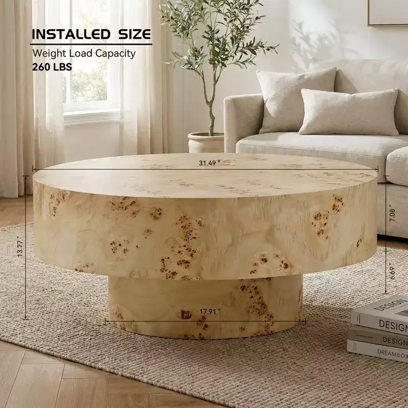 JVNOXK 31.49''Mid Century Modern Round Wood Coffee Table with Burl Wood Veneer and Sturdy Pedestal for Living Room Office Apartment