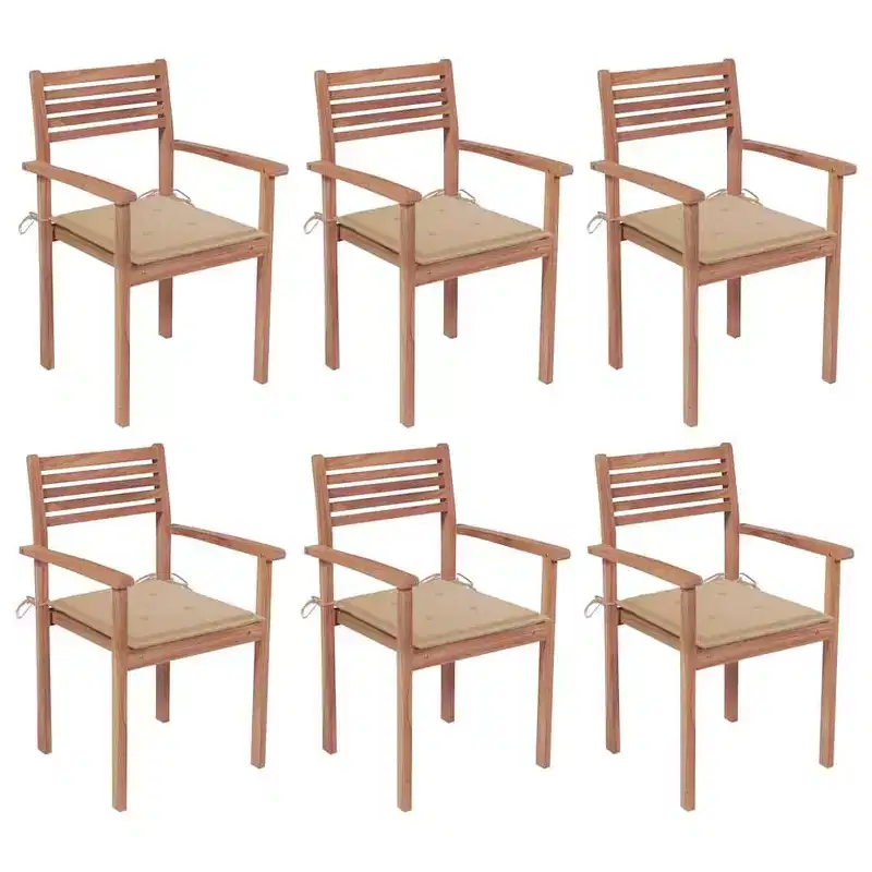 vidaXL Patio Stackable Chairs, 6 Piece Set, Solid Teak Wood with Cushions, Weather Resistant, Indoor/Outdoor, Great for Home, Office, Bars, and Cafes