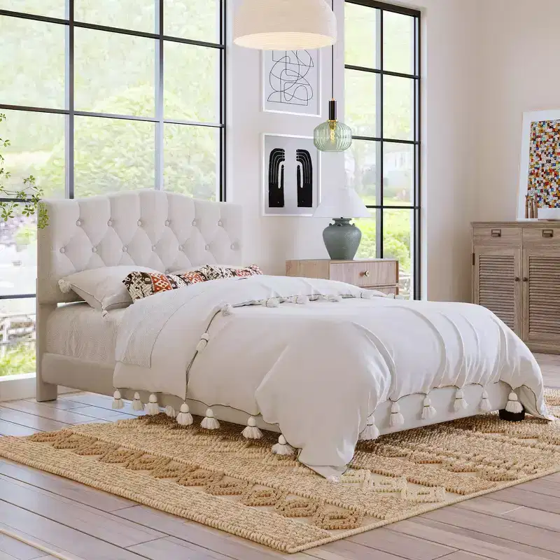 Whisen Full Upholstered Platform Bed with Saddle Curved Adjustable Headboard and Diamond Tufted Details