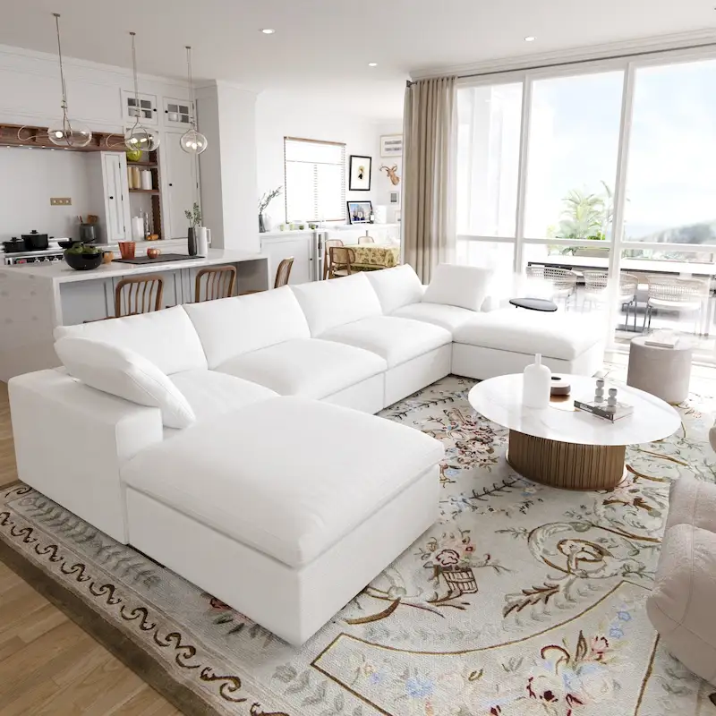 Large U-Shape Linen Reversible Modular Seating Component Sectional with 2 Ottoman