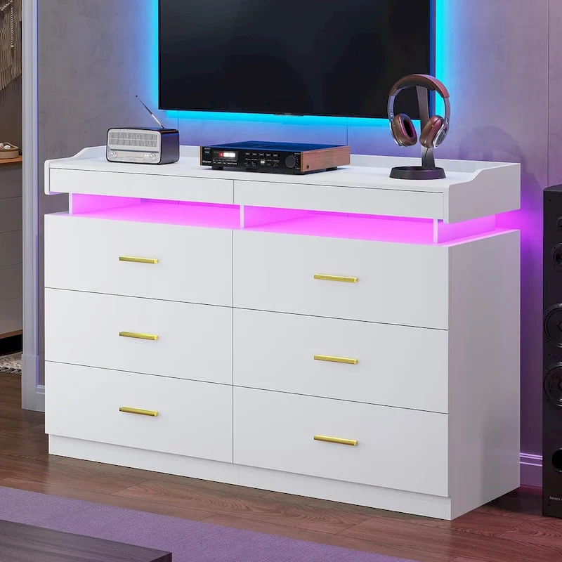 6 Drawer Dresser 2 Pull-Out Tray LED Light Chest of Drawers