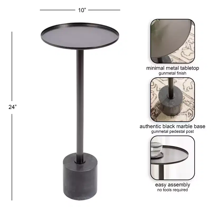 Kate and Laurel Vanora Metal and Marble Drink Table, 10x10x24, Pewter and Black