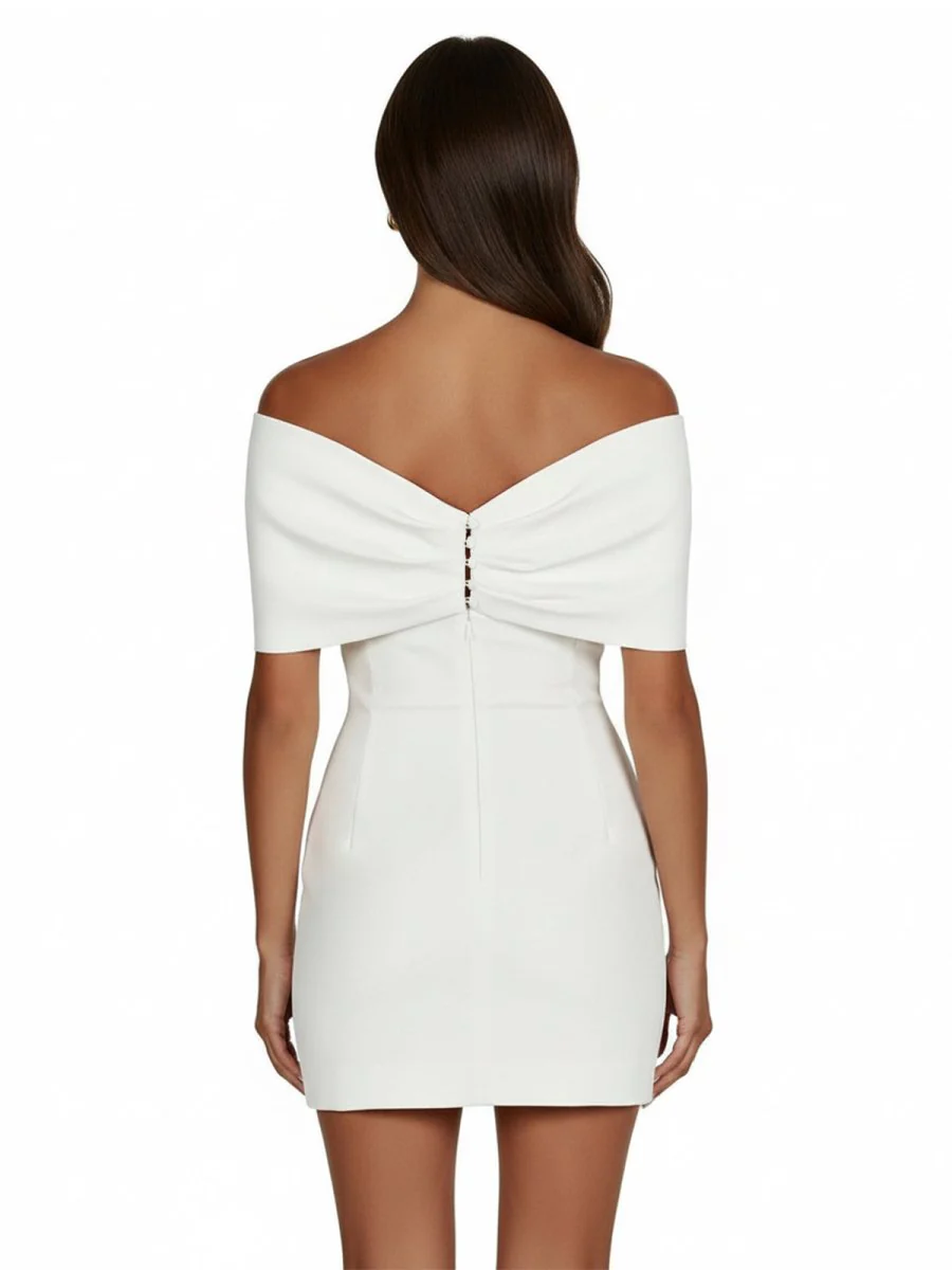 Sheath Off-The-Shoulder Sleeveless Satin Short Mini Wedding Dress With Bow