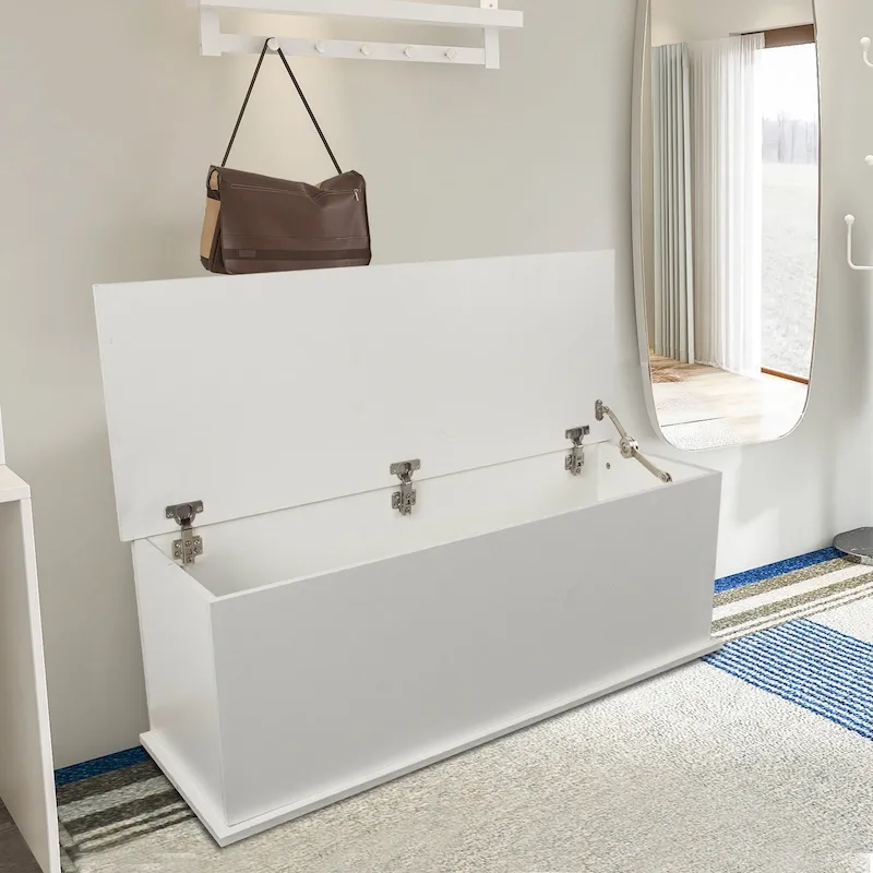 White/Black Lift-Top Storage Trunk, 1-Seat Bench, Engineered Wood