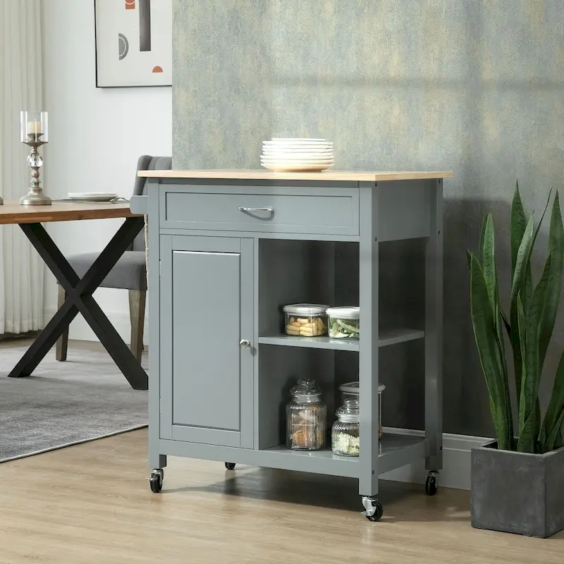 HOMCOM Kitchen Trolley, Wood Top Utility Cart on Wheels with Open Shelf and Storage Drawer for Dining Room, Kitchen