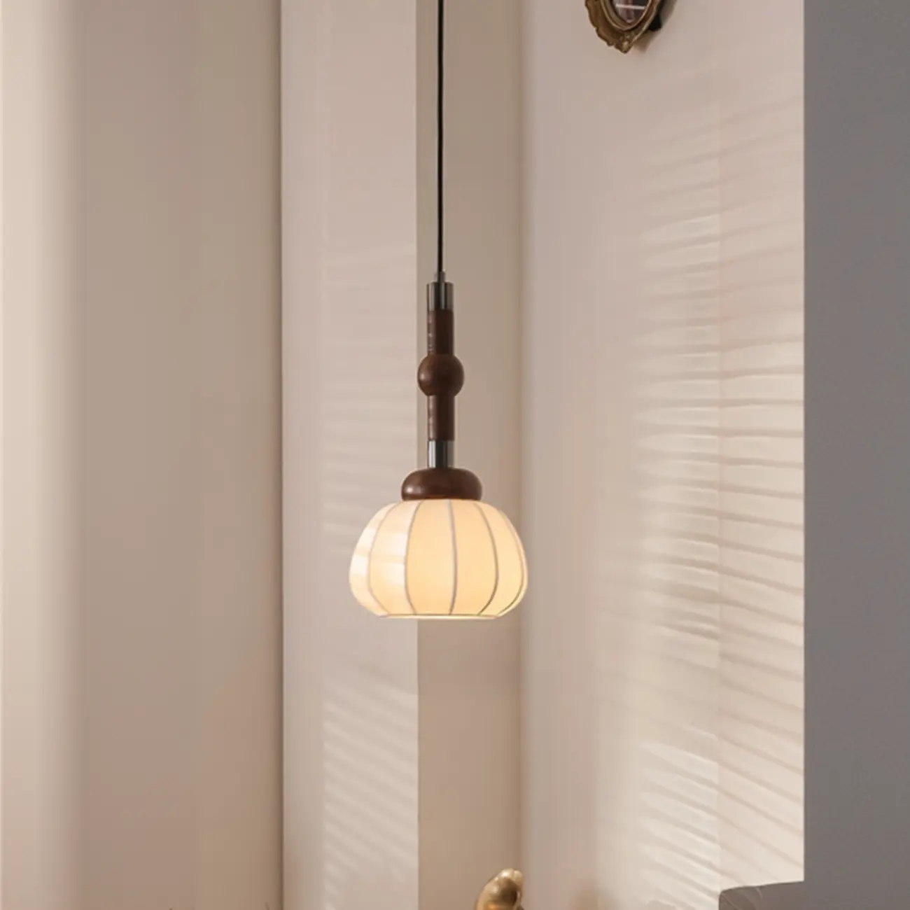 Contemporary Pumpkin Wood & Silk Beige Pendant Light