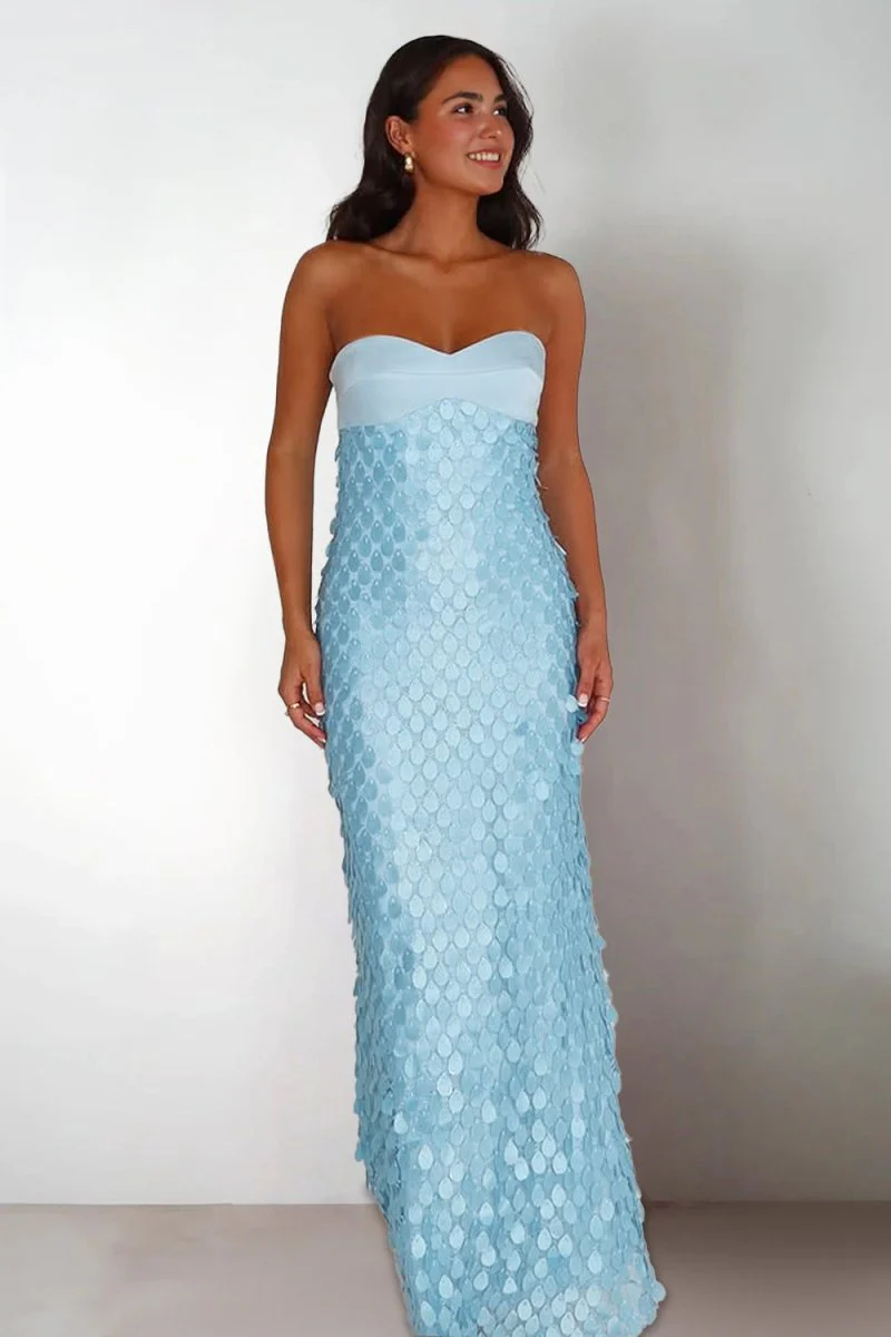 Blue - Sheath Strapless Long Prom Dresses with Sequins