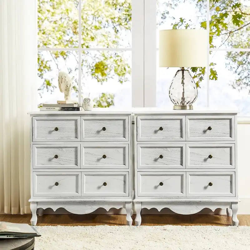 Distressed 3-Drawer Nightstand with Wood Legs, Set of 2 (Blue / Walnut / White)