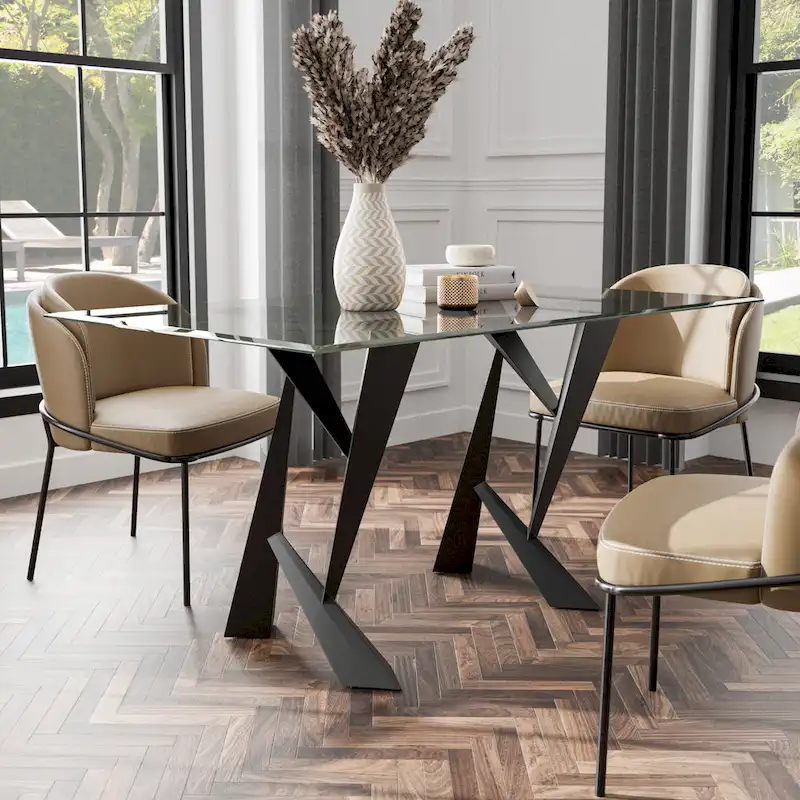 Black Modern Glass Top Dining Table, Seats 6