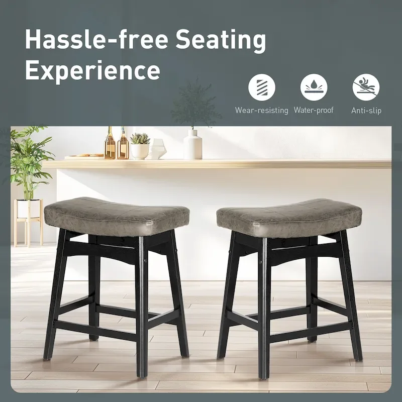 24 Inch Solid Wood Barstools with Linen / PU Leather Fabric Cushion, Set of 2