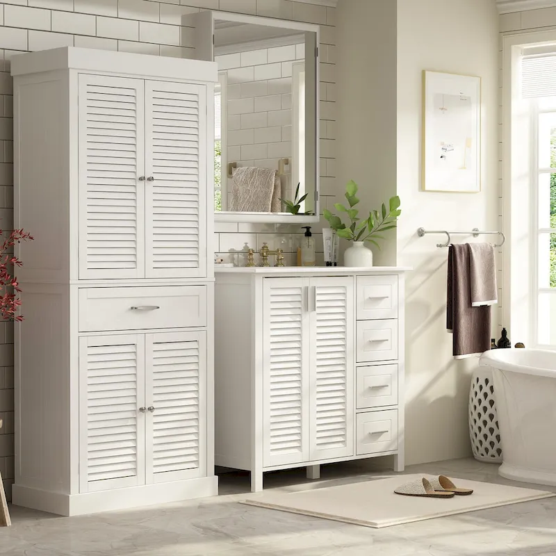 White Lacquer Floor Storage Cabinet with Doors, 4-Shelf, Single