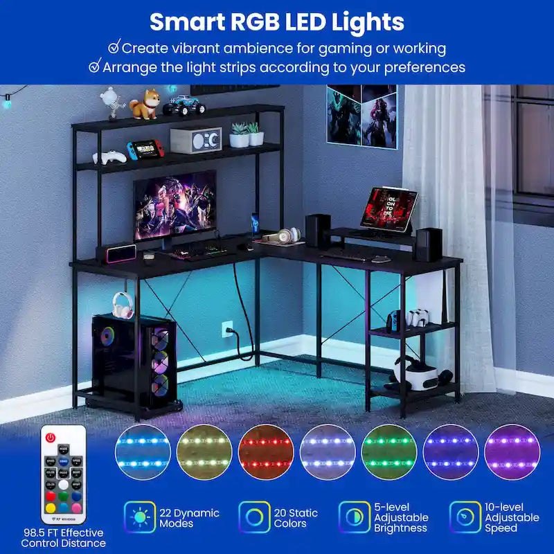Costway L-Shaped Gaming Desk with LED Strip & Power Outlets Hutch - See Details