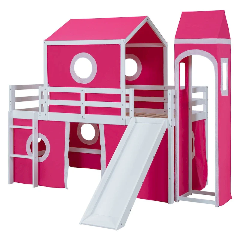Blue / Pink Castle Loft Bed with Slide, Tower & Ladder – Twin / Full, 1 Child