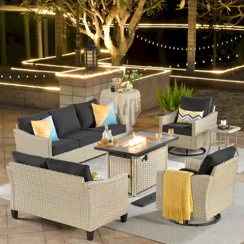 HOOOWOOO 6-piece Wicker Patio Furniture Sofa Set with Fire Pit Table