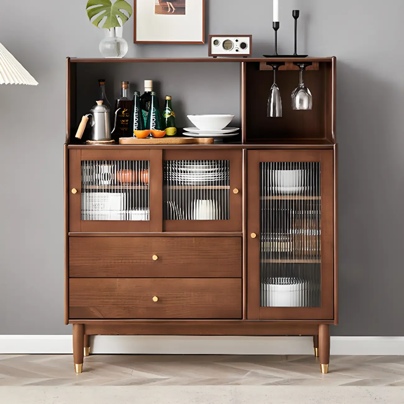 Nut-Brown Wooden 2-Drawer Glass Door Buffet Cabinet