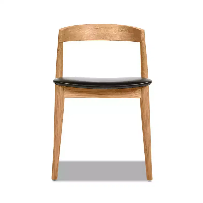 Raven 20.5 Stacking Sculpted Oak Wood Dining Chair, Warm Natural Brown & Black Faux Leather Upholstery Faux Leather