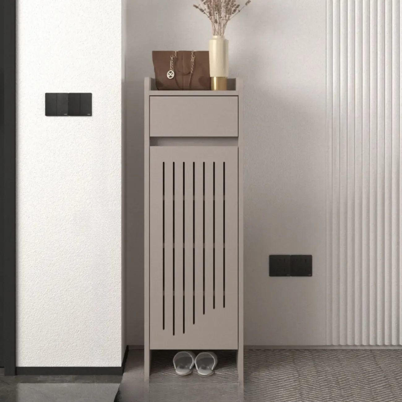 Modern Slim Wood Beige Entryway Shoe Cabinet