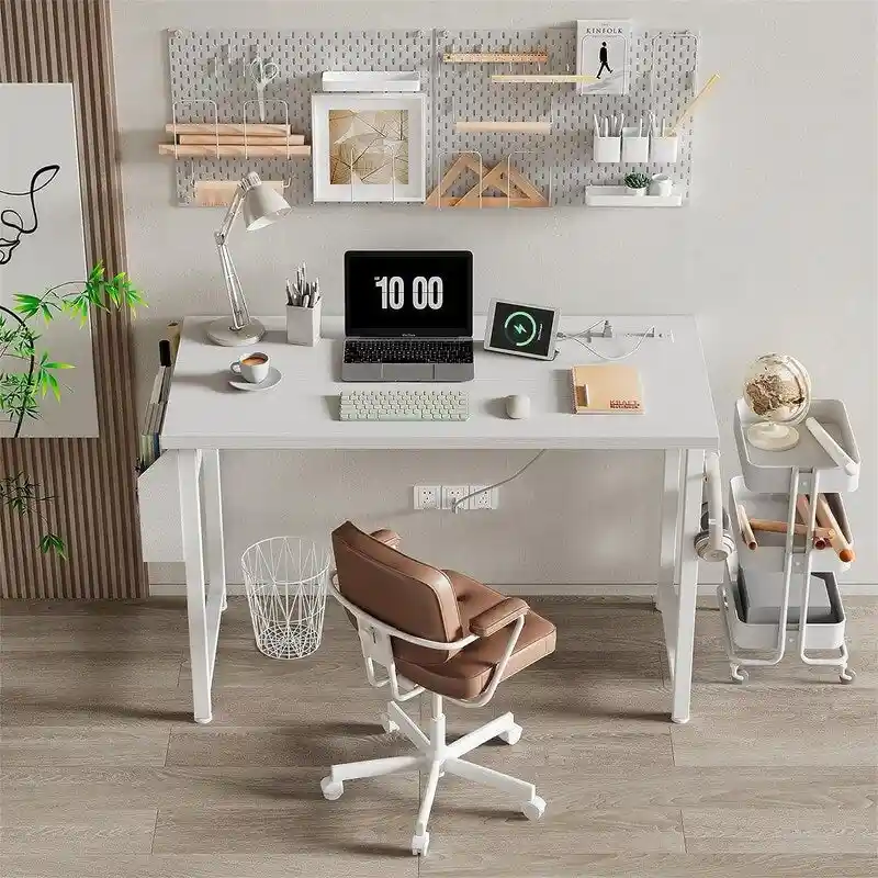 39 inch White Computer Desk with Power Outlet