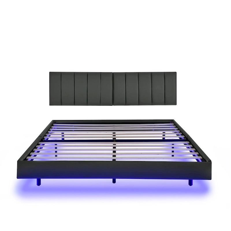 Floating Bed Frame With Led Lights And Wall Mounted Headboard