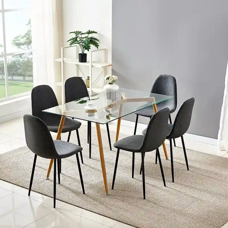 Modern Glass Top Dining Kitchen Table With Fabric Chairs