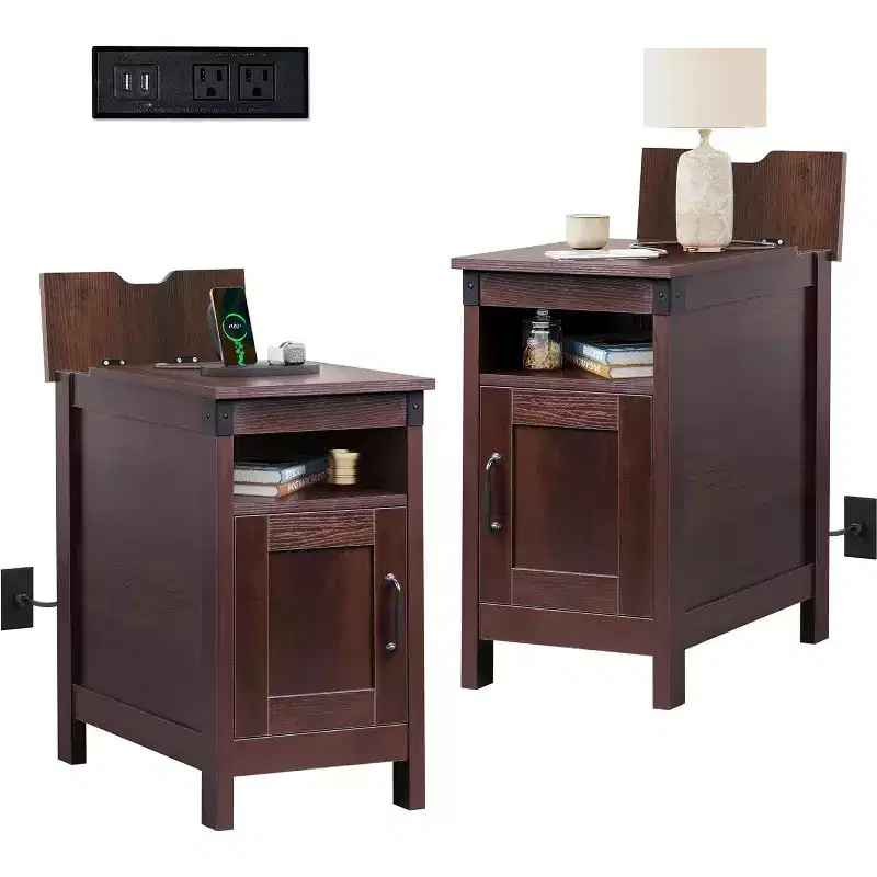 DEXYLLO Farmhouse End Table Set of 2 with Charging Station, Narrow Side Tables, USB & Outlets, Wood Nightstands with Storage