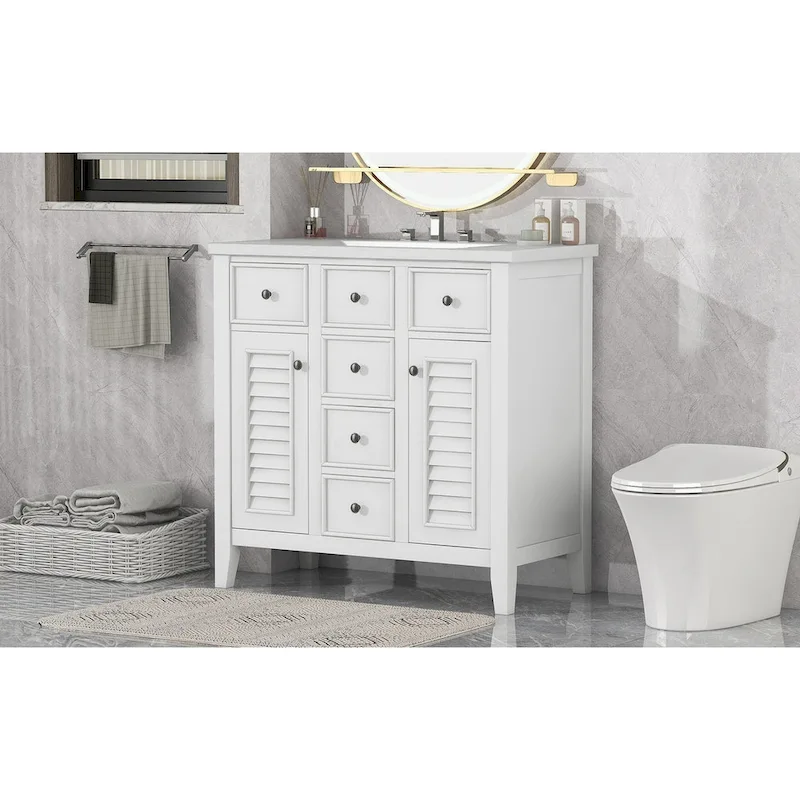 Bathroom Vanity with Ceramic Basin, Two Cabinets and Five Drawers