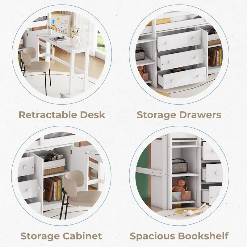 White Twin Low Loft Bed with Pull-Out Desk, Cabinet, 3 Drawers & 2 Shelves