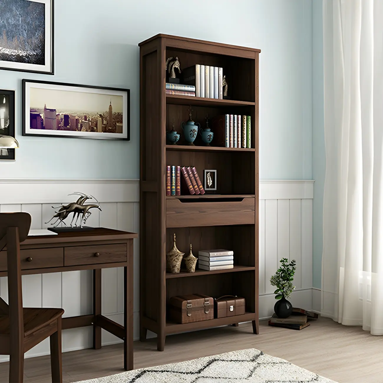 Modern Wooden Bookcase with Adjustable Shelves and Drawers